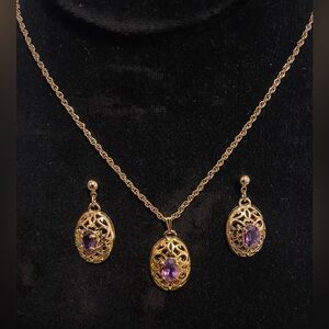 Vintage Genuine Amethyst Set - Pendant w/18” Gold Chain & Earrings; NOS; Giftbox